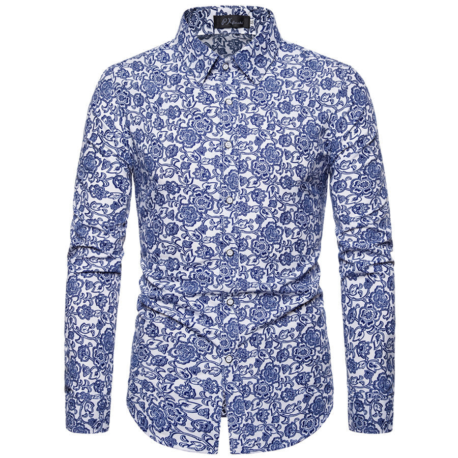 Color print men's shirt European and American casual large size long-sleeved shirt Rswank
