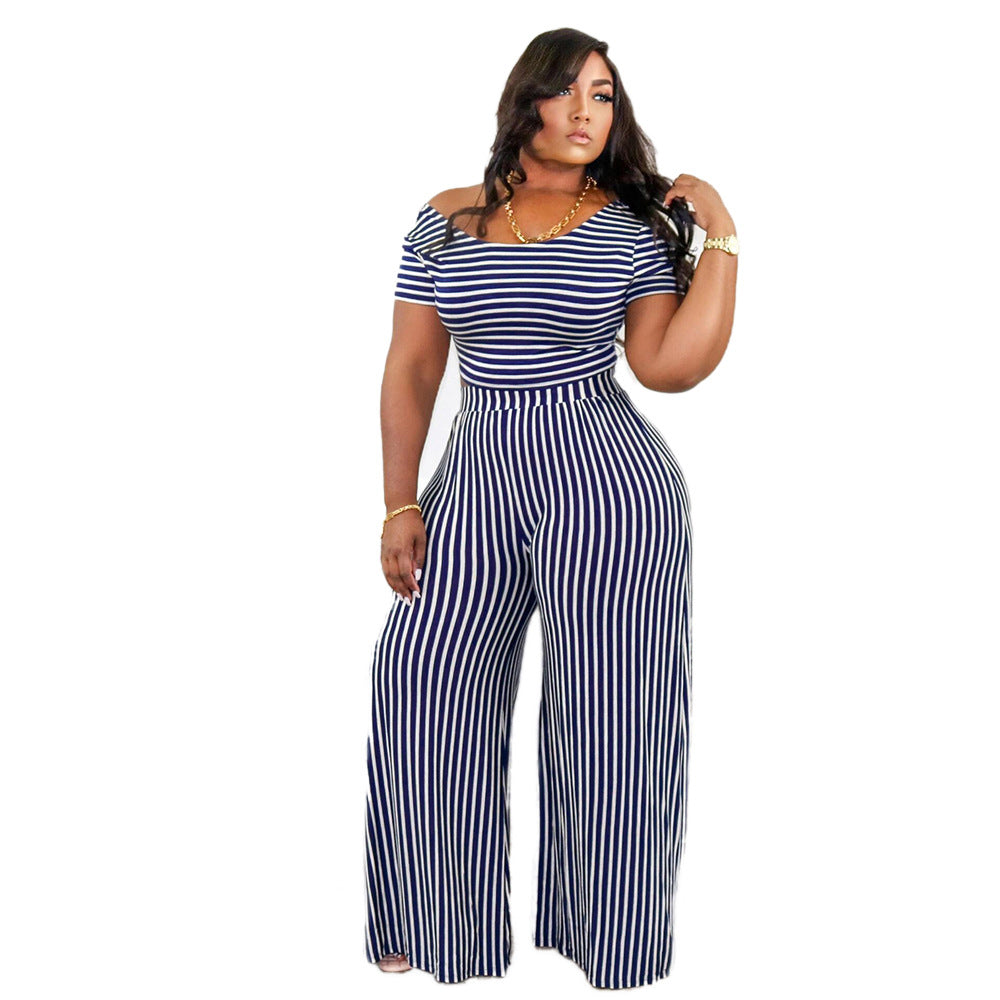 Plus Size Sexy Women Wear Striped Print Wide Collar Short Sleeve Loose Casual Women Suit