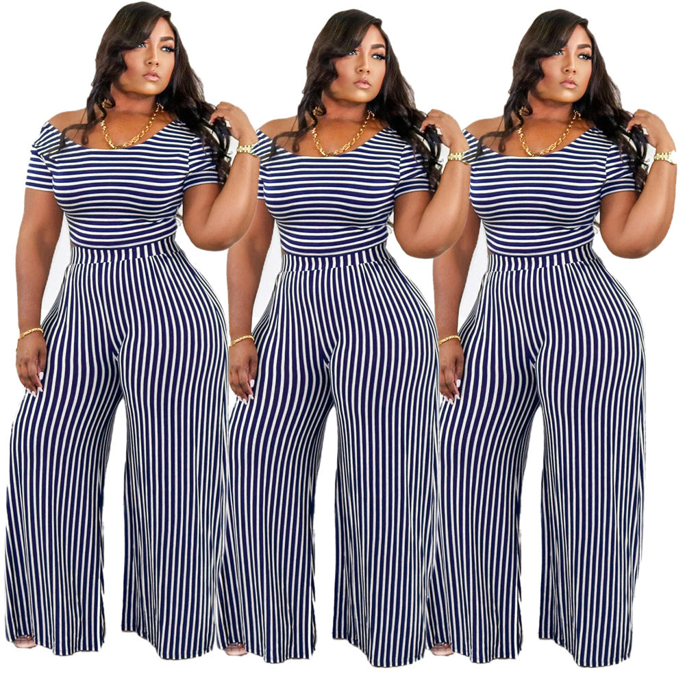 Plus Size Sexy Women Wear Striped Print Wide Collar Short Sleeve Loose Casual Women Suit