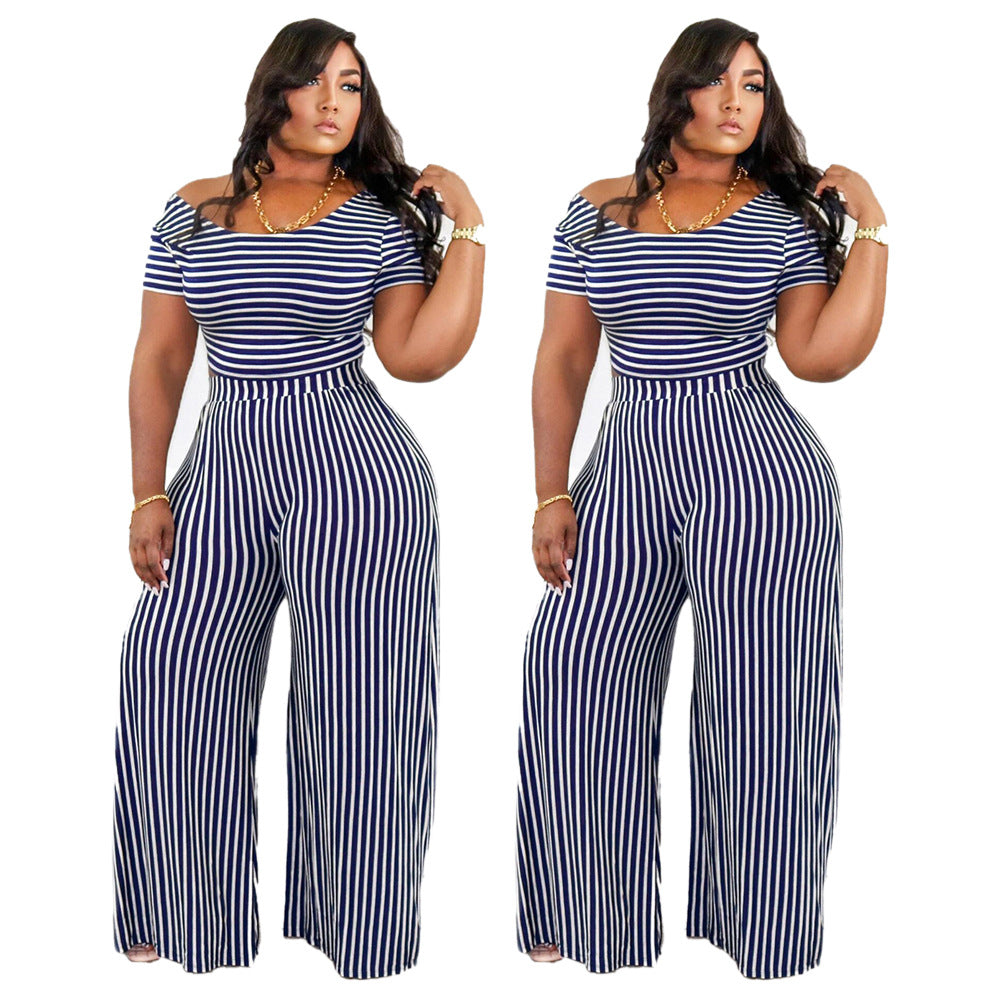 Plus Size Sexy Women Wear Striped Print Wide Collar Short Sleeve Loose Casual Women Suit