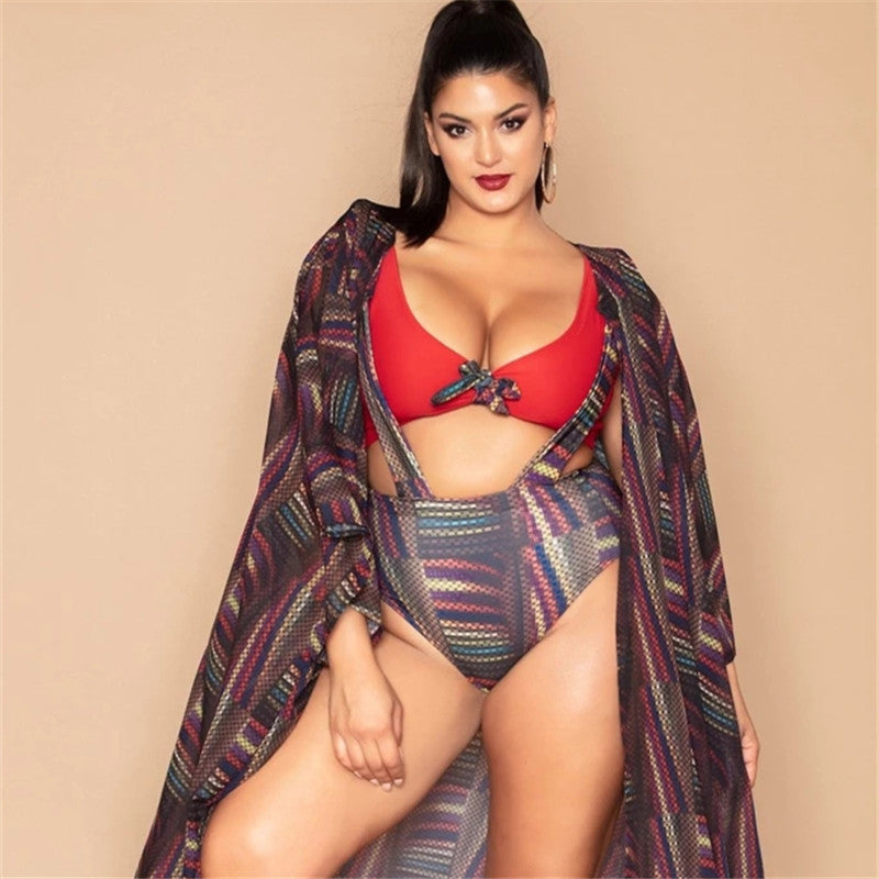 Plus Size Split Swimsuit Printed High Waist Strap Swimsuit Beach Bikini Jacket Overclothes