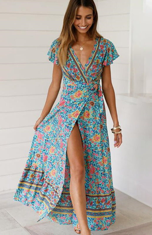 Ladies Deep V Neck Printed Slit Sexy Long Dress kakaclo