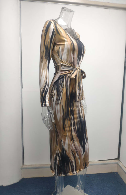 Sexy Printed Long-Sleeved V-Neck Dress kakaclo