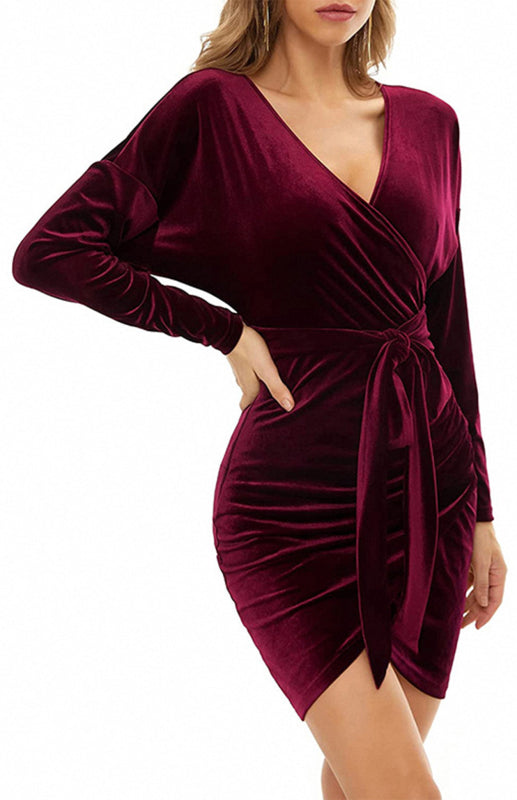 Sexy Velvet V-Neck Slim-Fit Split Cocktail Party Long-Sleeved Dress kakaclo