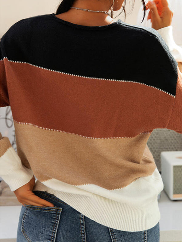 Women's Striped Contrast Long Sleeve Crewneck Knit Sweater kakaclo
