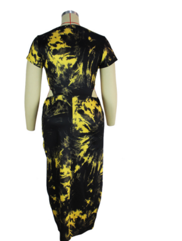 Plus Size Spring round Neck Dress Black Pencil Dress -Style Mid-Length Waist Trimming Printing Dress