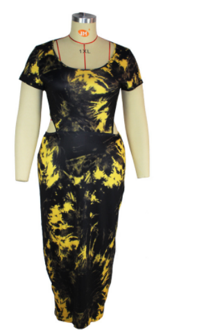 Plus Size Spring round Neck Dress Black Pencil Dress -Style Mid-Length Waist Trimming Printing Dress