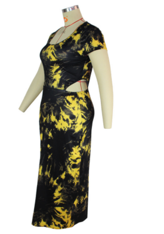 Plus Size Spring round Neck Dress Black Pencil Dress -Style Mid-Length Waist Trimming Printing Dress