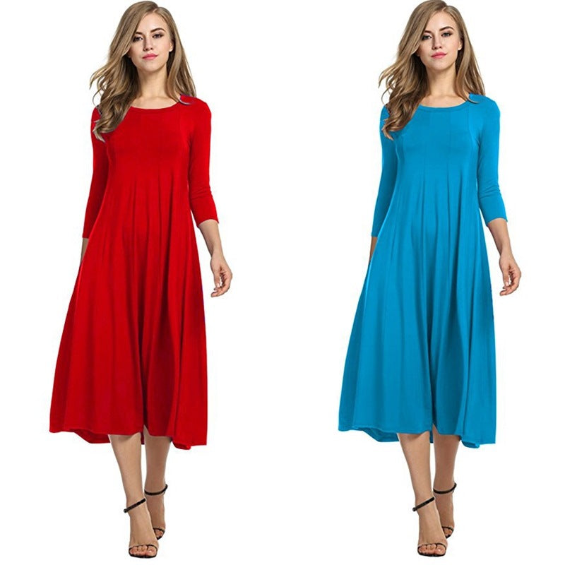 Round neck middle sleeve solid color large swing dress