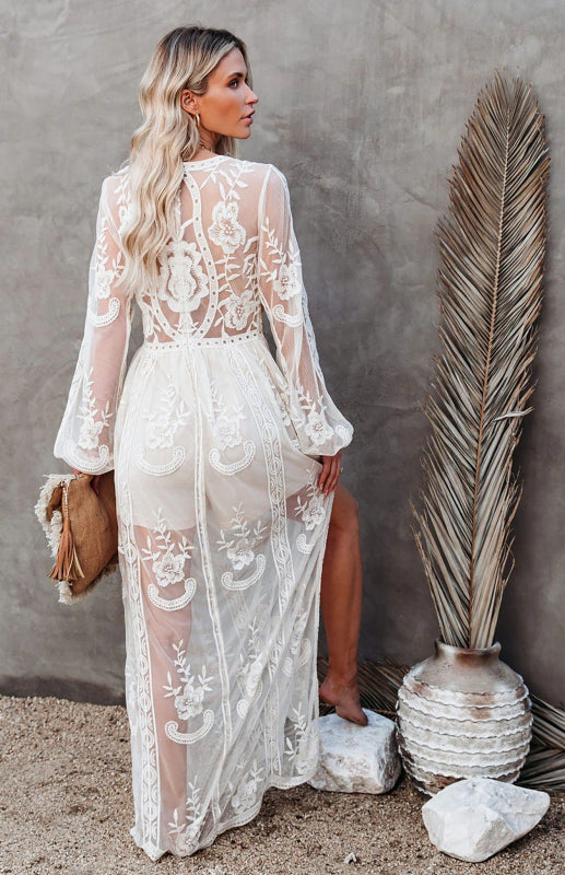 Lace Long Sleeve Deep V Solid Color Hollow Dress kakaclo