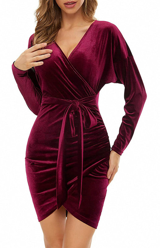 Sexy Velvet V-Neck Slim-Fit Split Cocktail Party Long-Sleeved Dress kakaclo