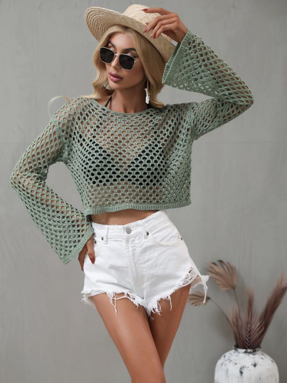 Crochet Spring Summer New Knitwear Bell Sleeve Loose Round Neck Hollow Out Cutout out Sweater Women