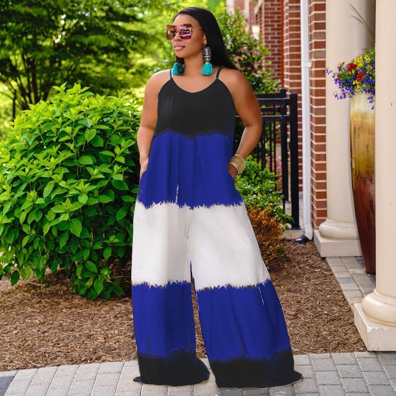Plus Size New Patchwork Printed Suspenders Fashion Casual Long  Women Clothes Jumpsuit