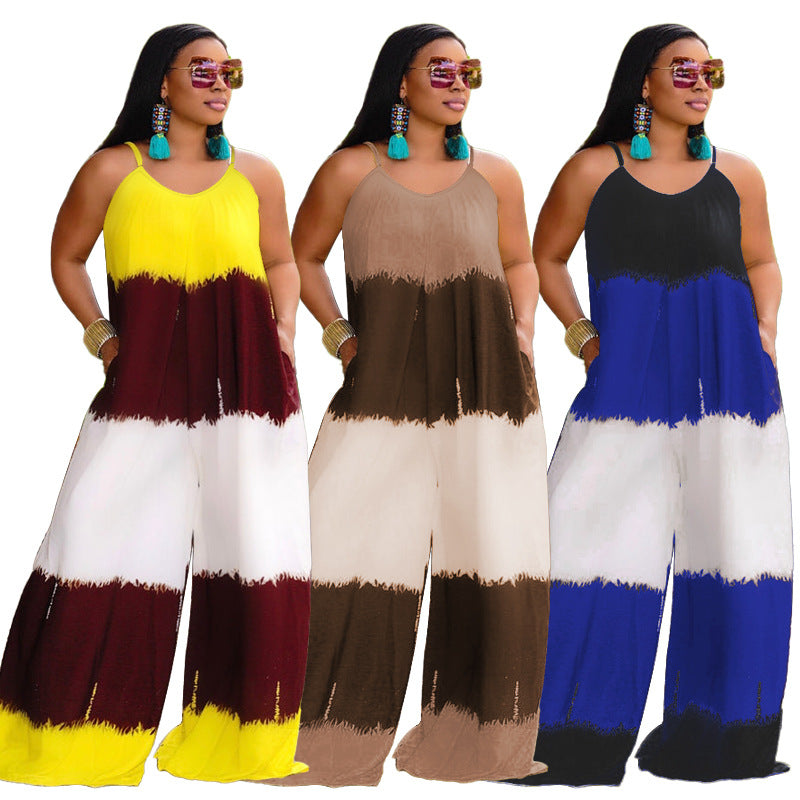Plus Size New Patchwork Printed Suspenders Fashion Casual Long  Women Clothes Jumpsuit
