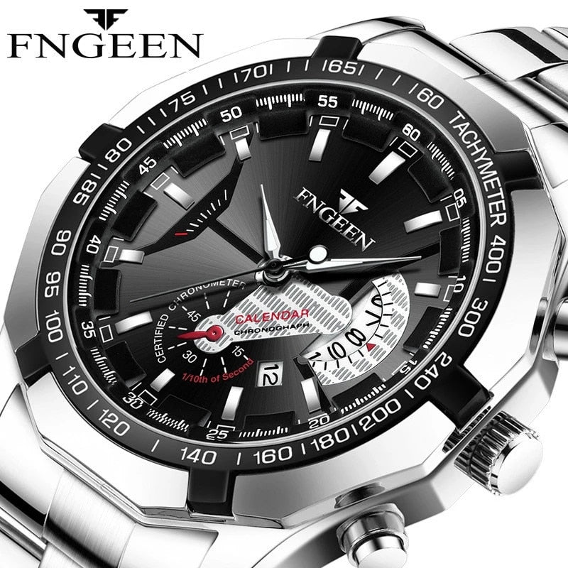 FNGEEN Luxury Men's Watches Stainless Steel Band Fashion Waterproof Quartz Watch Rswank