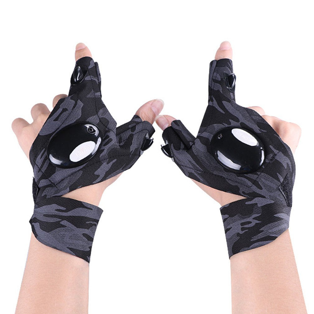 1 Pair Outdoor Fishing Magic Strap Fingerless Gloves Night Light Waterproof Fishing Gloves with LED Flashlight Rescue Tools Rswank