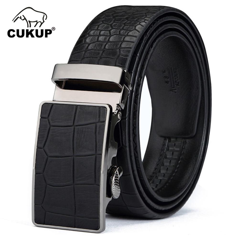 CUKUP Men's Leather Cover Automatic Buckle Metal Belts Quality Crocodile Stripes Blue Cow Skin Accessories Rswank