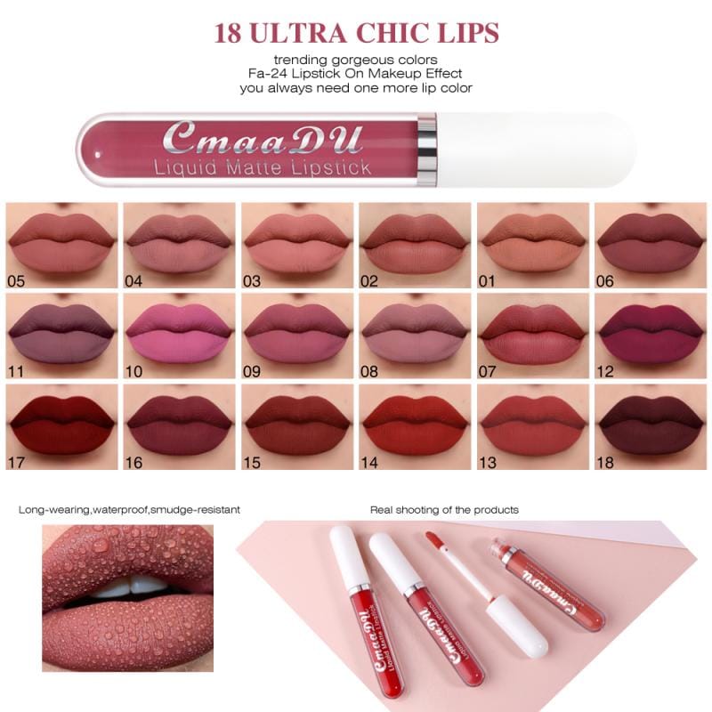 CmaaDu 18 Colors Long Lasting Lip Gloss Matte Velvet Liquid Lipstick Waterproof Moisturizing Lip Makeup Cosmetic TSLM1 Rswank