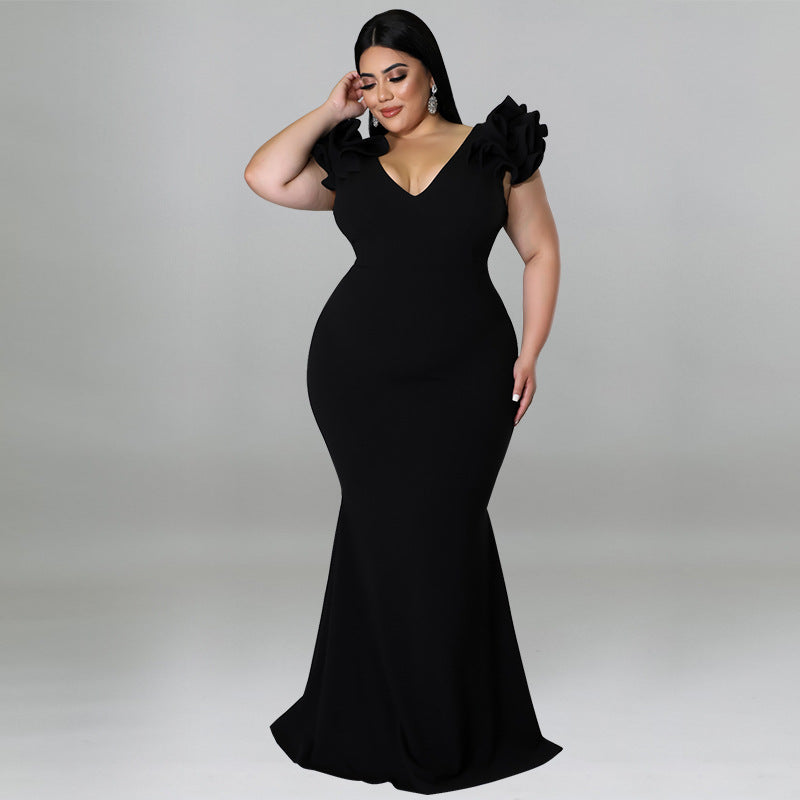 Plus Size Women Summer Sexy Ruffle Sleeve Sheath Backless Dress