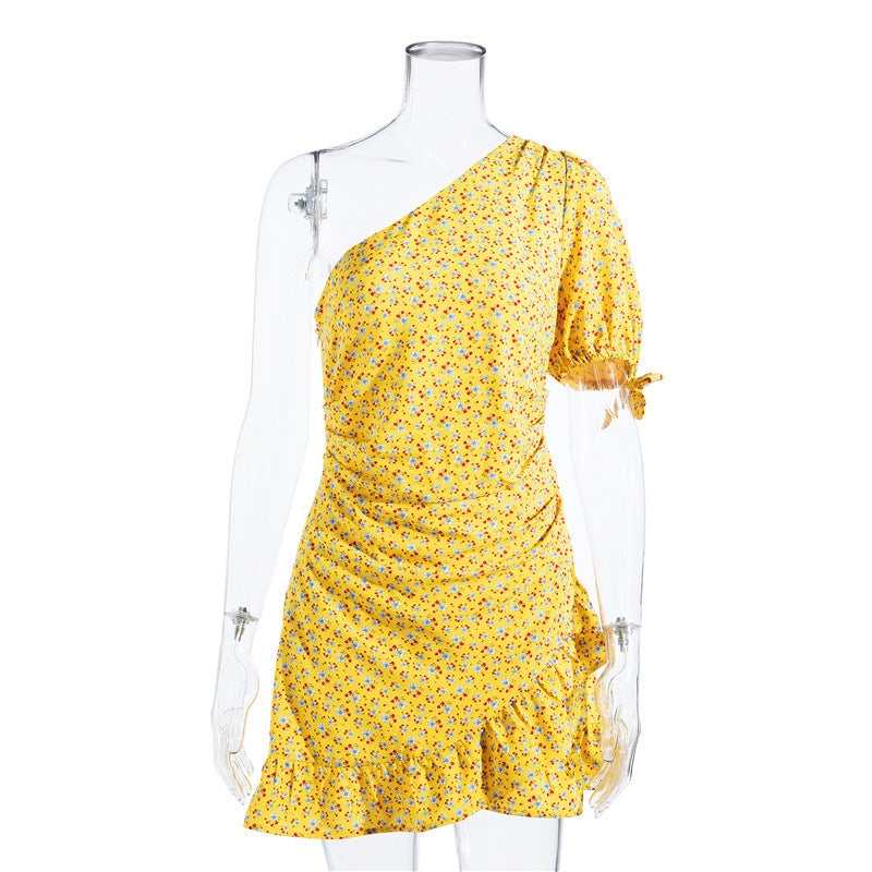 Ruffle Skirt High Waist Diagonal Shoulder Dress FashionExpress