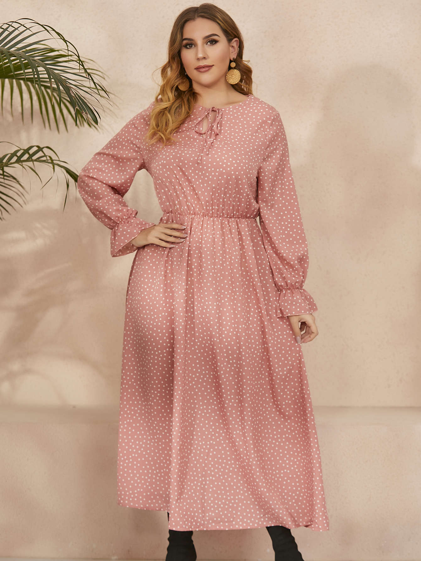 Plus Size Women Dress Polka-Dot Loose-Fitting  Girls Long Sleeve Dress