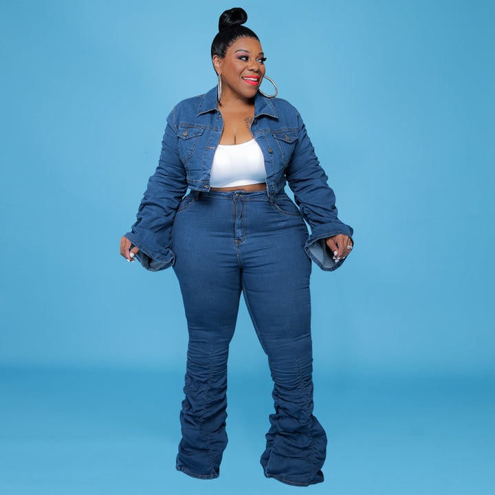 Plus Size Plus Size Women Clothing Autumn Winter Denim Two-Piece Suit Pleated Pile Pants