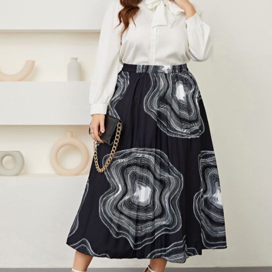 Plus Size  Skirt High Waist Retro Office Sheath Printed Pleated Skirt