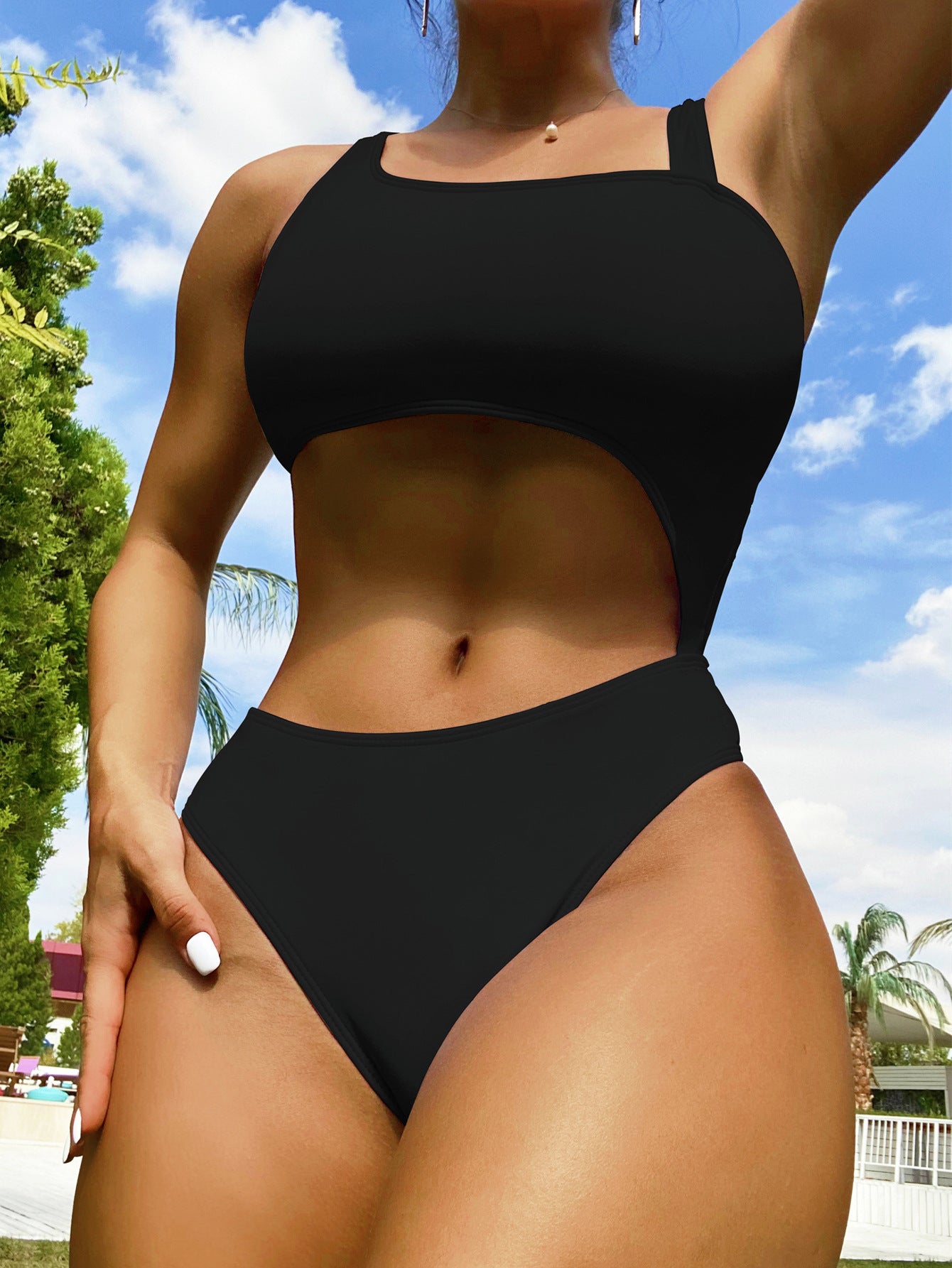 Bikini Double One Piece Swimsuit Sexy Bikini Swimwear Women Hollow Out Cutout out Swimwear Solid Color Bikini