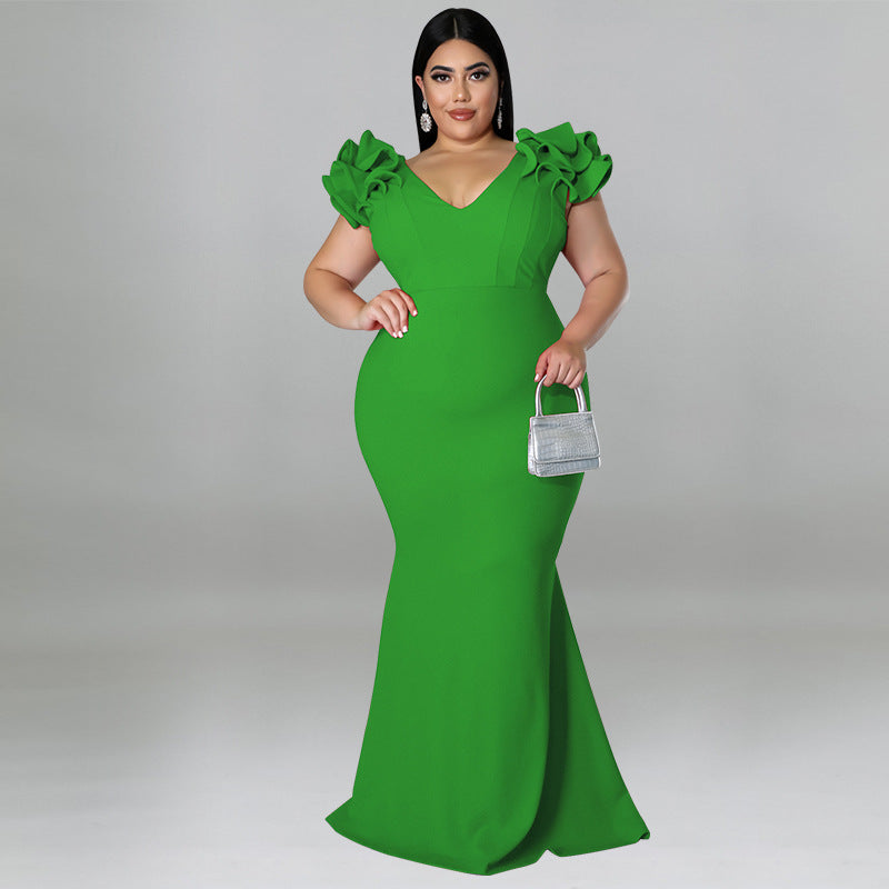 Plus Size Women Summer Sexy Ruffle Sleeve Sheath Backless Dress