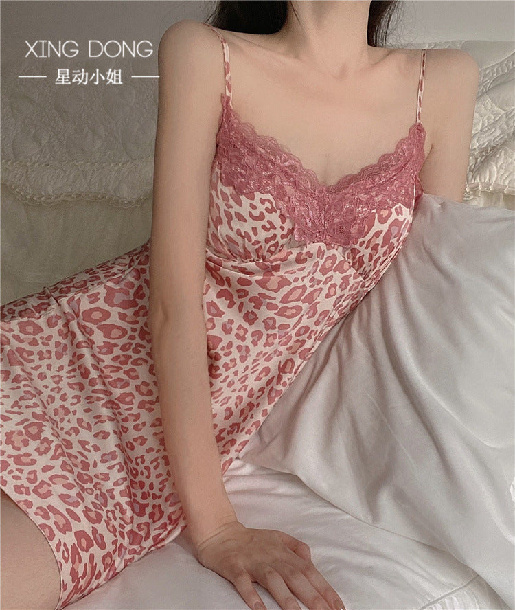 Sexy Pink Leopard  pajamas underwear women's Satin Chiffon with breast cushion nightdress FashionExpress