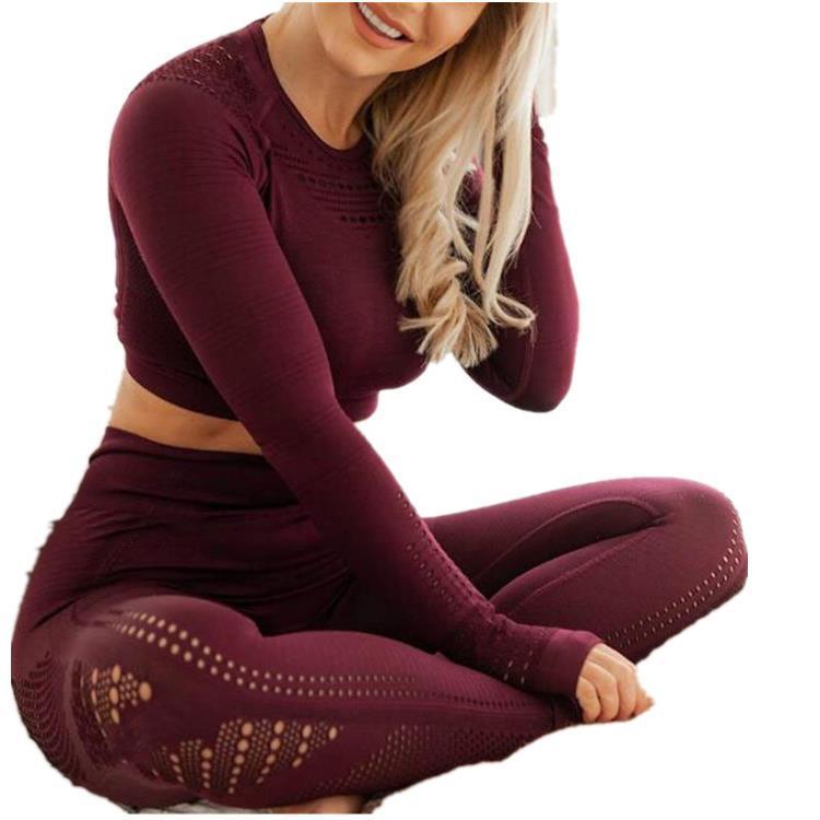 Women's Yoga hollow out top pants elastic thin long sleeve quick drying women's Capris two-piece suit FashionExpress