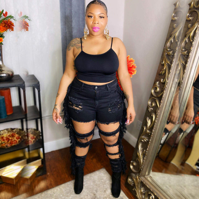 Plus Size Ripped Tassel Tight Street  Women Jeans - Rswank