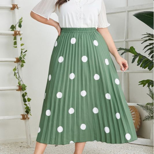 Plus Size High Waist Retro Office Dotted Prints Green Pleated Skirt