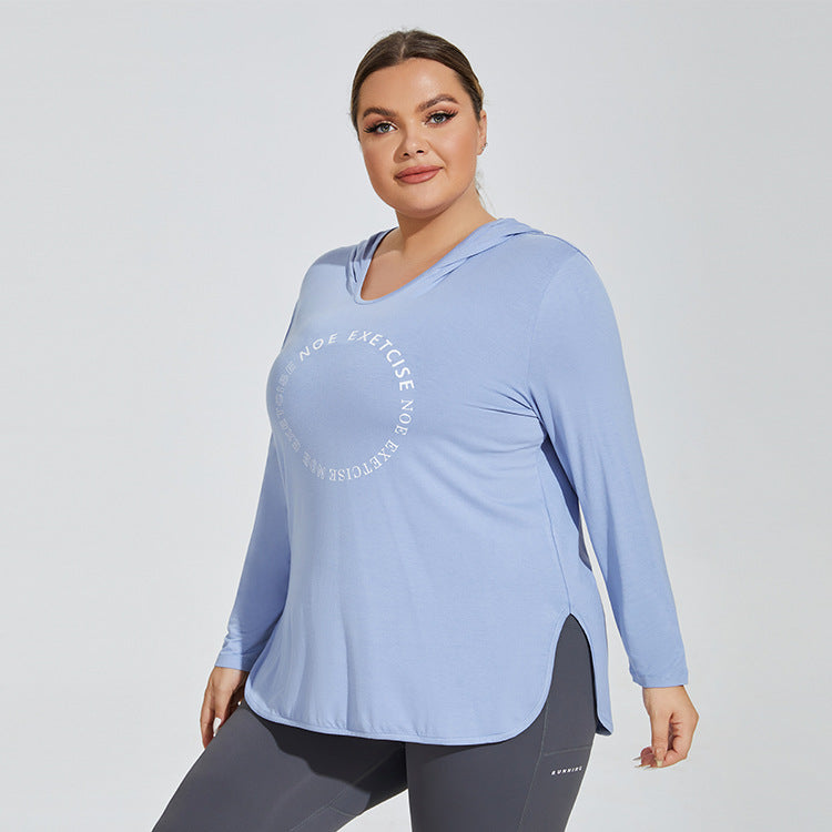 Plus Size Printed Logo Sports Long Sleeve Breathable Fitness Running Hooded Top Loose Yoga Clothes Women Overall
