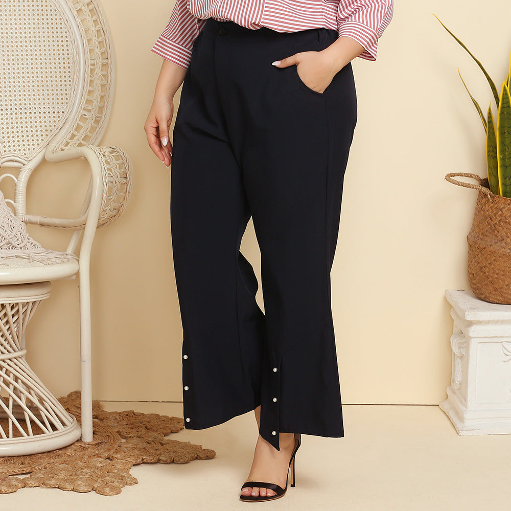 Plus Size Spring Autumn  Women Clothing Beaded Casual Wide-Leg Pants Pocket Solid Color Trousers