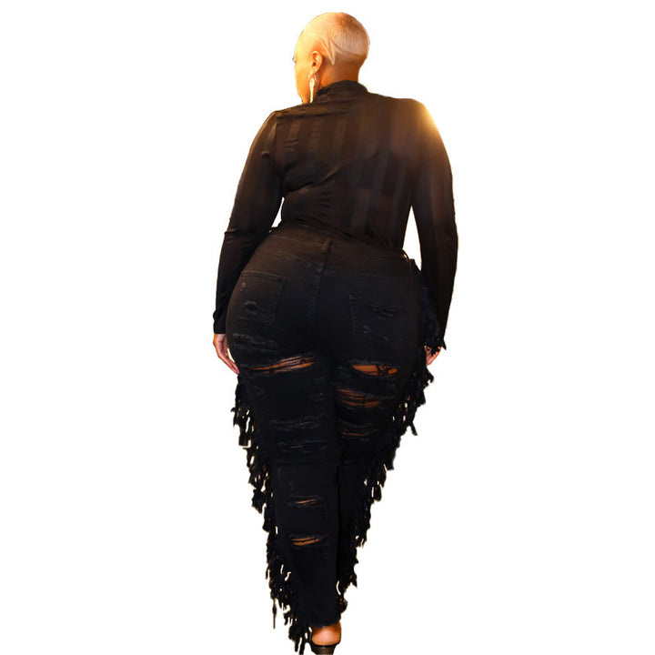 Plus Size Ripped Tassel Tight Street  Women Jeans - Rswank