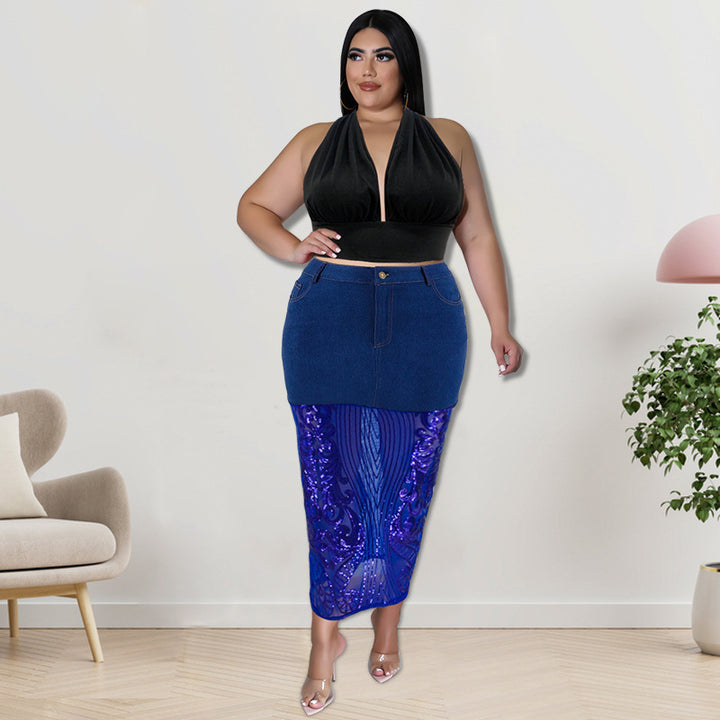 Plus Size Women Clothes Washed Denim Sequin T-shirt Set Sexy Half Waist Skirt