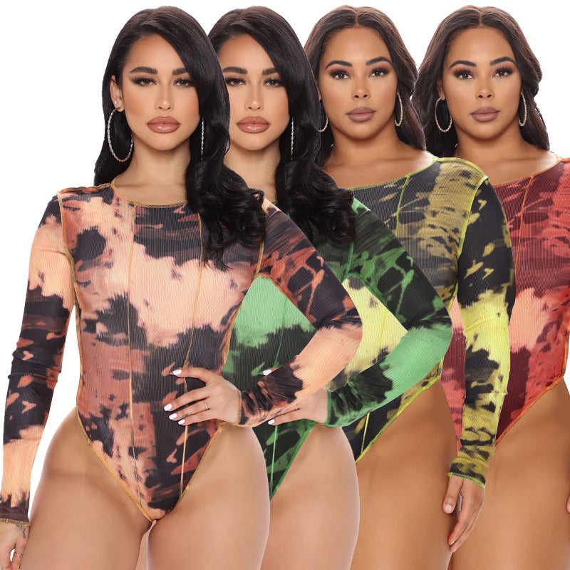 Plus Size Spring Women Clothing round Neck Print Long Sleeves Tight Breasted  Jumpsuit