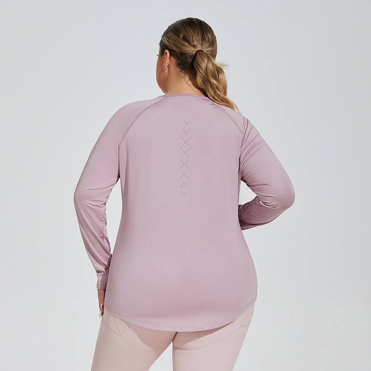 Plus Size Loose Thigh Length Thin Yoga Wear Mesh Beauty Back Breathable Long Sleeve Running Fitness Top Sportswear
