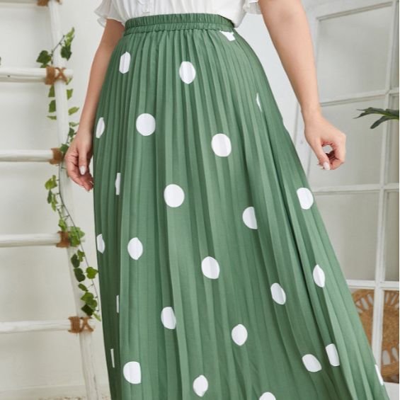 Plus Size High Waist Retro Office Dotted Prints Green Pleated Skirt