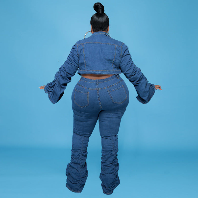 Plus Size Plus Size Women Clothing Autumn Winter Denim Two-Piece Suit Pleated Pile Pants