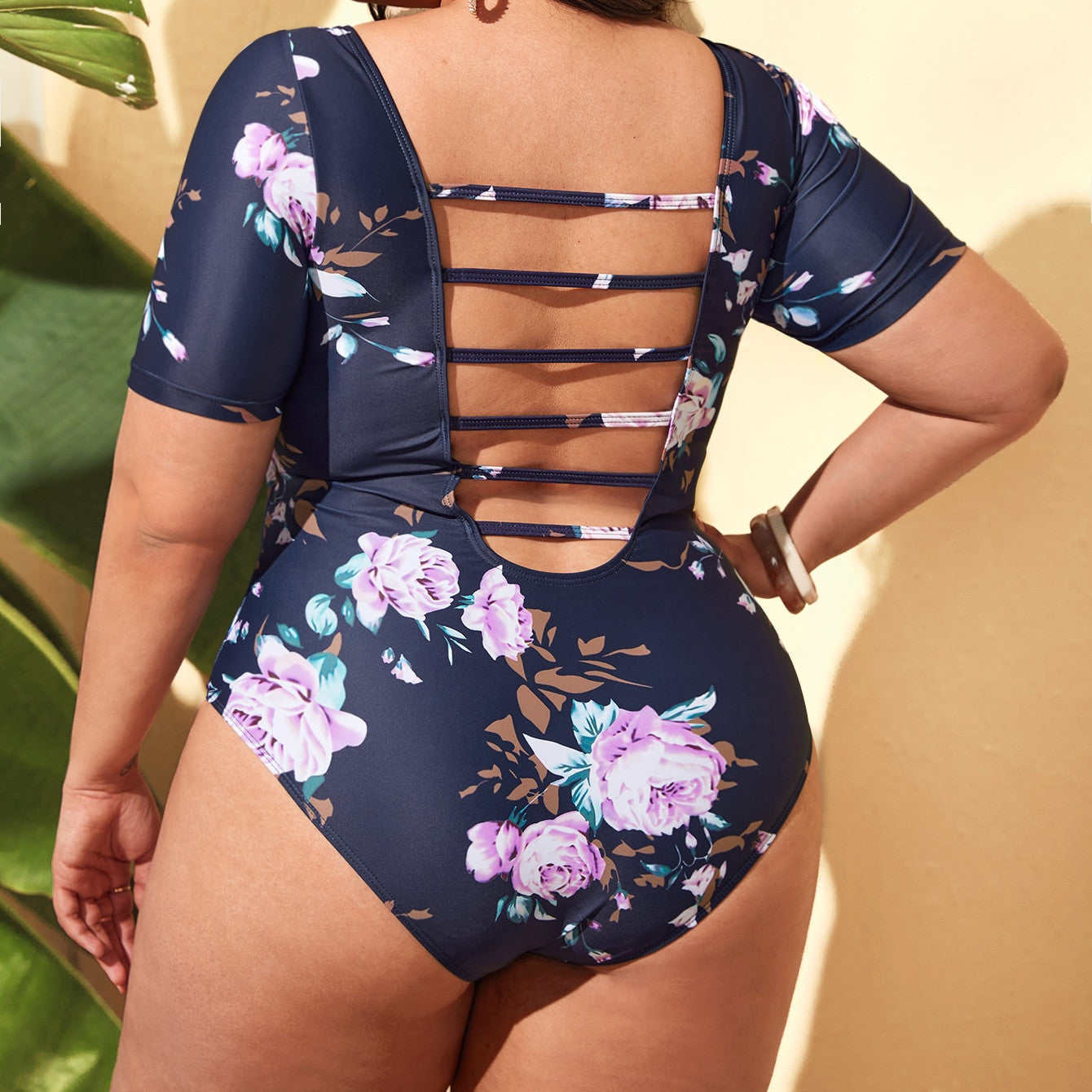 Plus Size  One Piece Floral Backless Rope Bikini