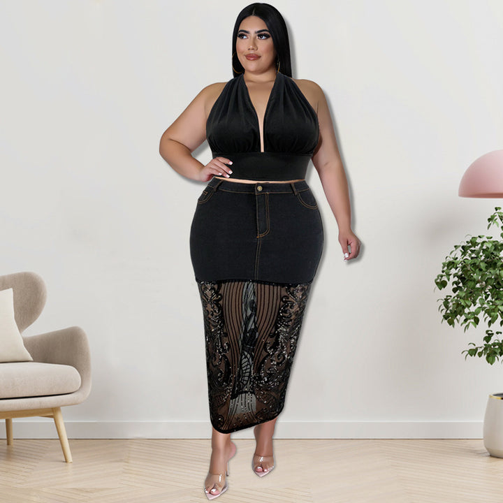 Plus Size Women Clothes Washed Denim Sequin T-shirt Set Sexy Half Waist Skirt