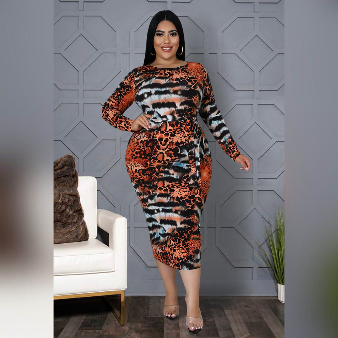 Plus Size Fashion  Women   Nightclub Fashion Printed Leopard Print Tied Dress