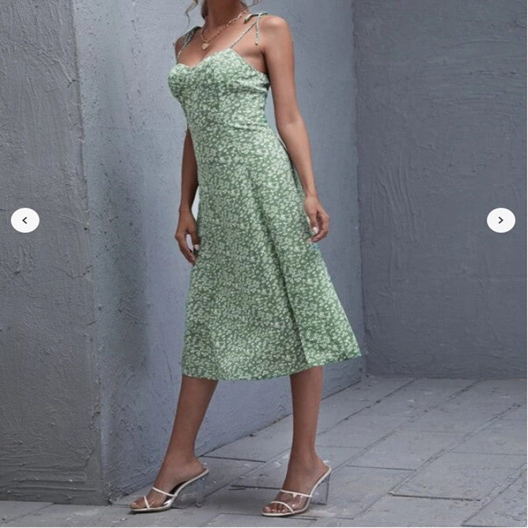 Summer mid-length skirt sling print green dresses