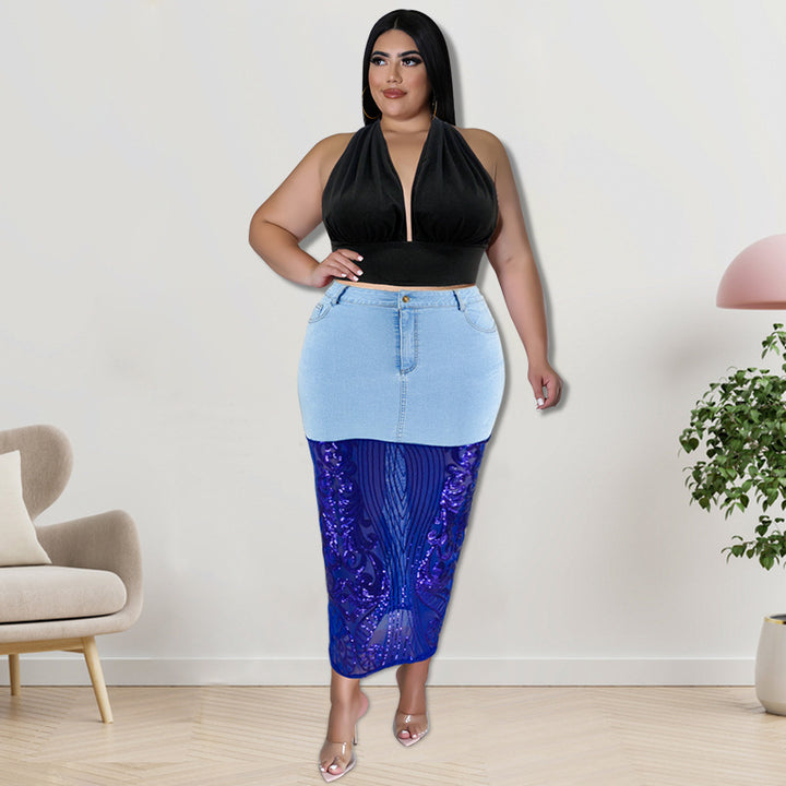 Plus Size Women Clothes Washed Denim Sequin T-shirt Set Sexy Half Waist Skirt