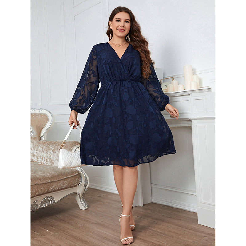 Plus Size Printing Patchwork Puff Sleeve V neck Dress