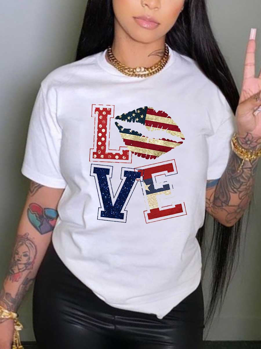 Plus Size Women Clothes Top T Shirt Loose Top Round Neck T Shirt Love Printed Top