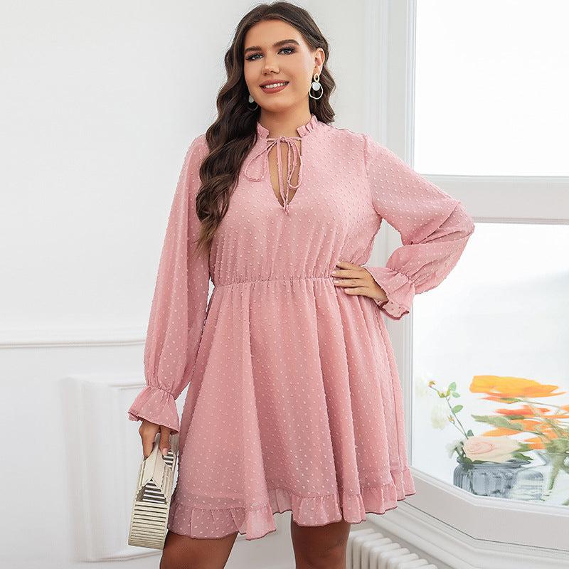 Plus Size Women Clothes Short Sleeve V neck Slimming Flounce Waist Tight Pink Short Dress