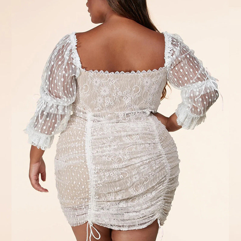 Plus Size Summer Dress Lace Polka Dot Pleating Lace
